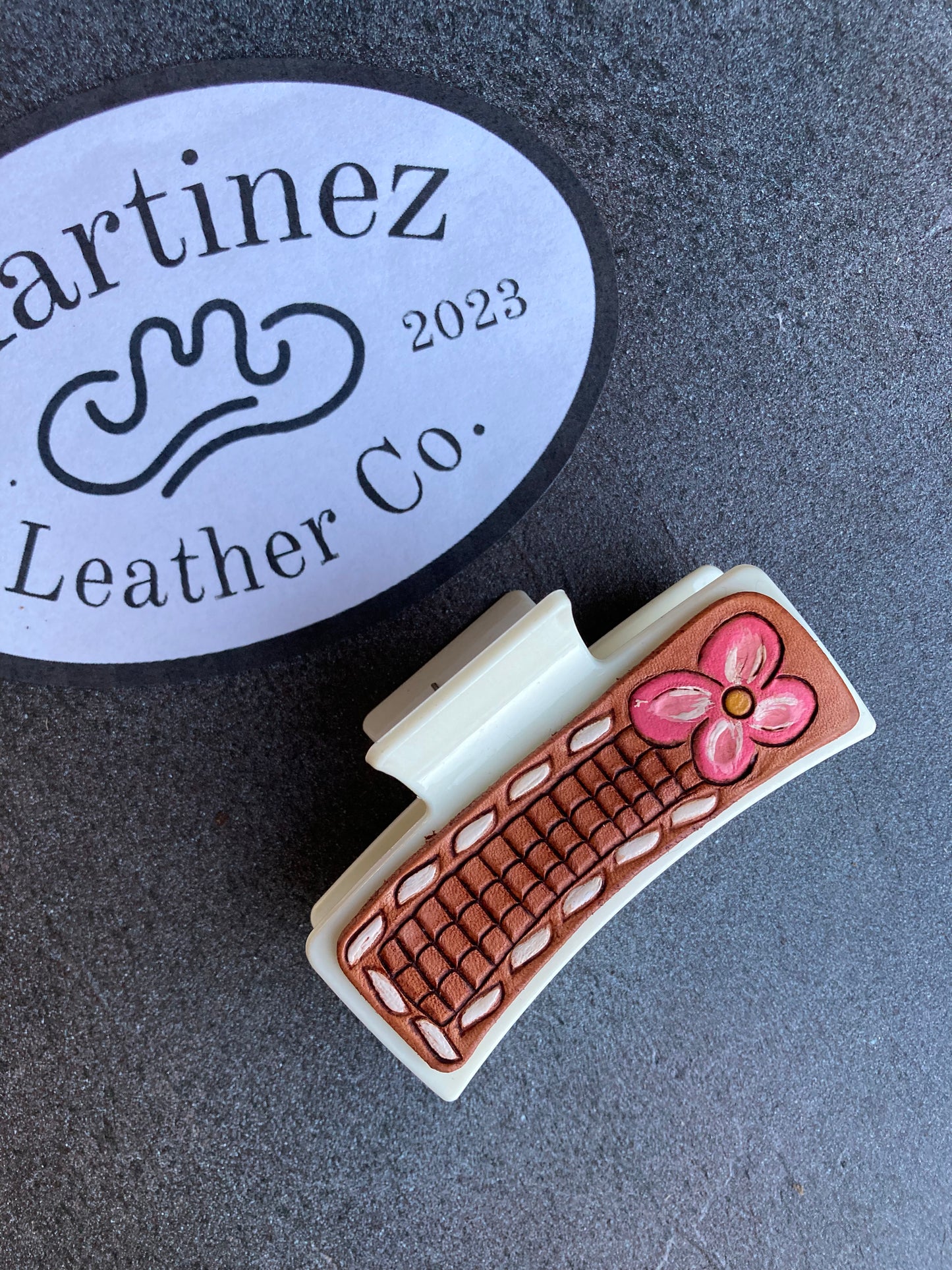 Floral Buckstitch Leather Hair Clip